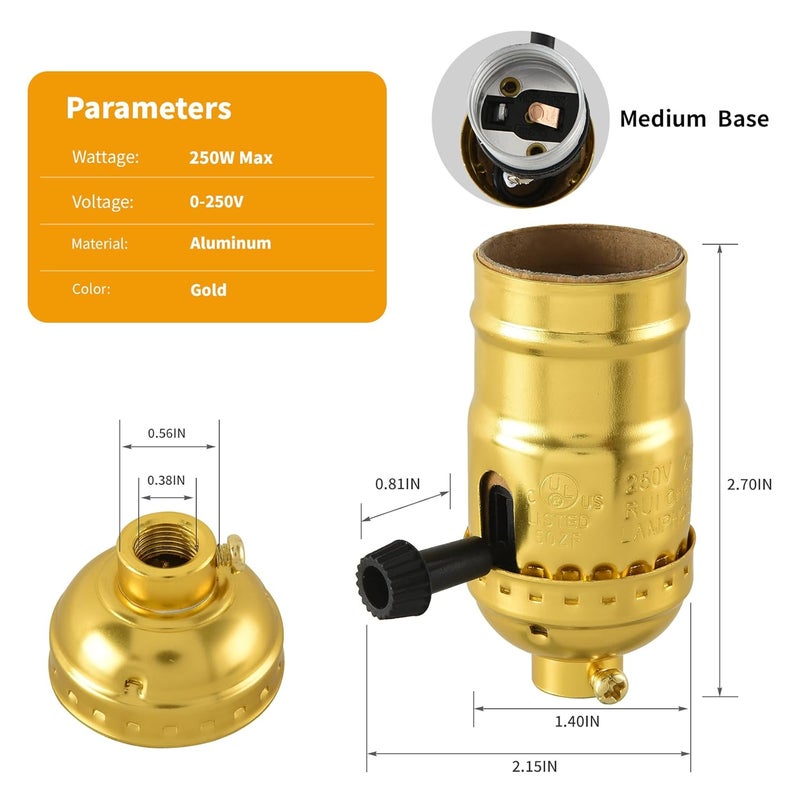 MadYiboshi 2PCS Lamp Socket Replacement, UL Listed E26 Standard Threaded Base Light Socket, Floor, Table Lamp Repair Kit，DIY Project, 3-Way Turn Switch Knob for Low-Medium-High Light Settings, (Gold) - Image 2